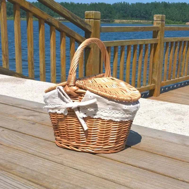 Wicker Basket with Handle Double-Lid Handmade Willow Weaving Storage Hamper