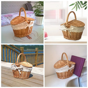 Wicker Basket with Handle Double-Lid Handmade Willow Weaving Storage Hamper