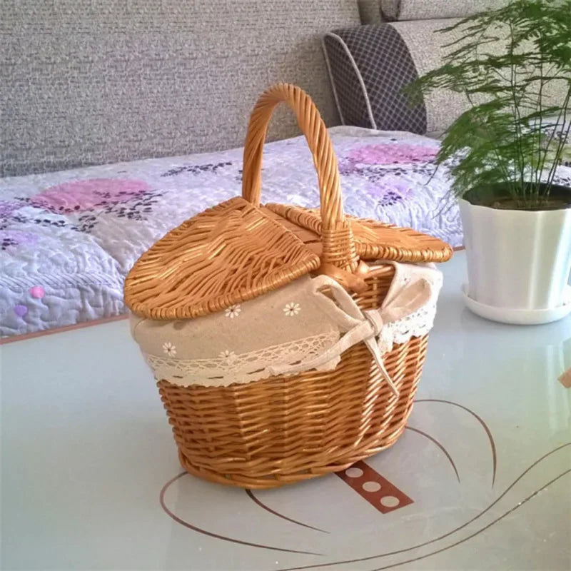 Wicker Basket with Handle Double-Lid Handmade Willow Weaving Storage Hamper